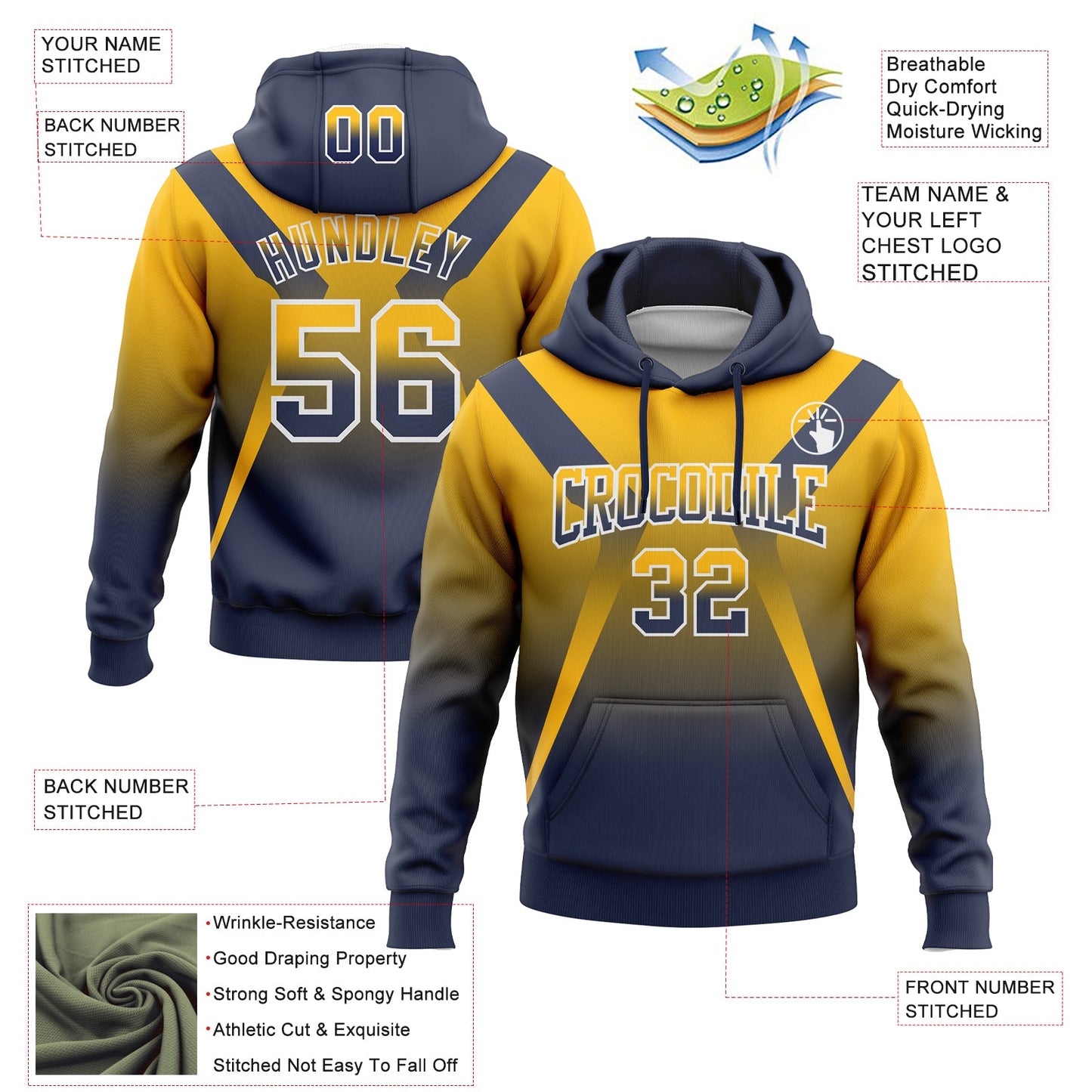 Custom Stitched Gold Navy-White Fade Fashion Arrow Sports Pullover Sweatshirt Hoodie view 2