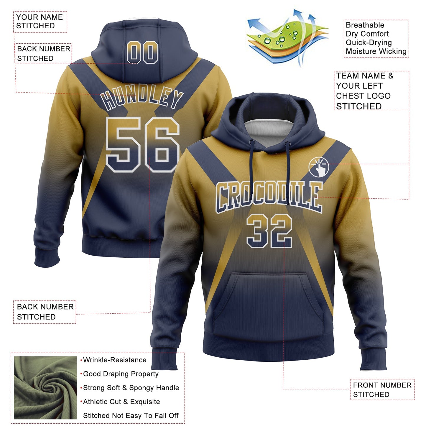 Custom Stitched Old Gold Navy-White Fade Fashion Arrow Sports Pullover Sweatshirt Hoodie view 2