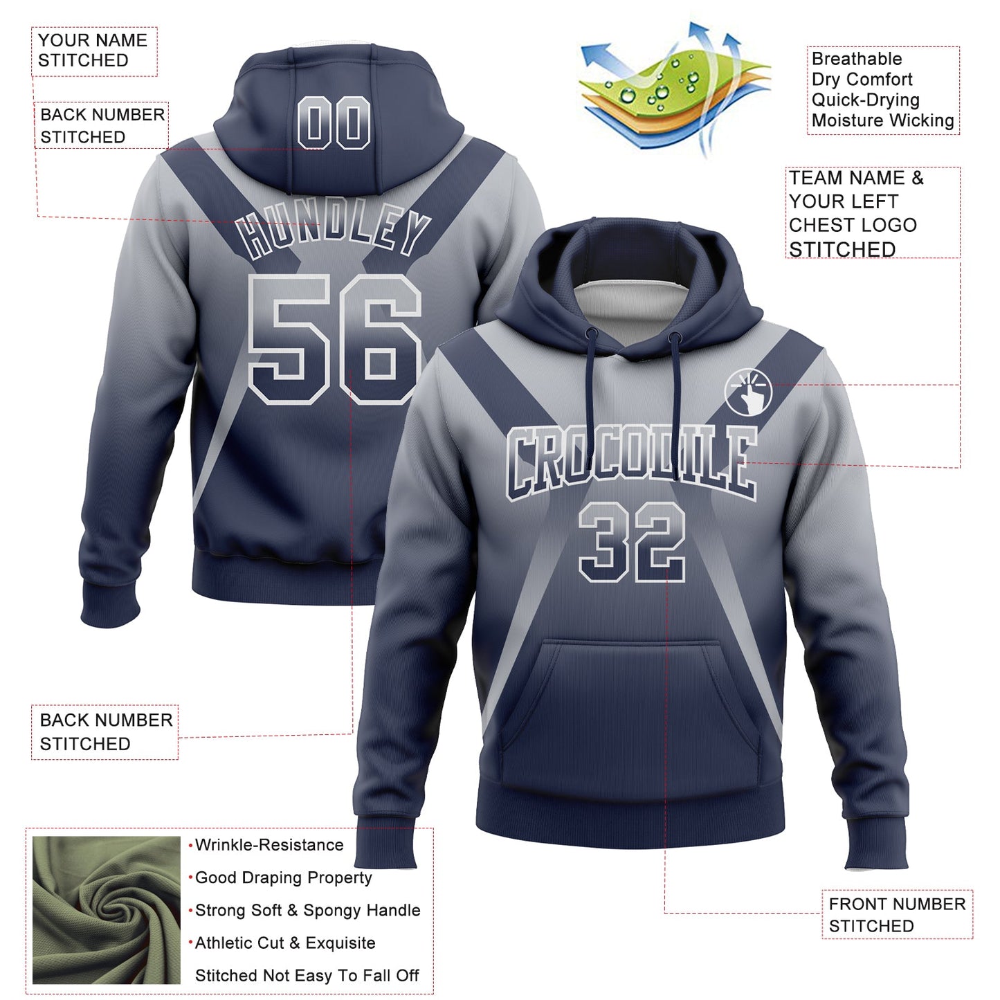 Custom Stitched Gray Navy-White Fade Fashion Arrow Sports Pullover Sweatshirt Hoodie view 2