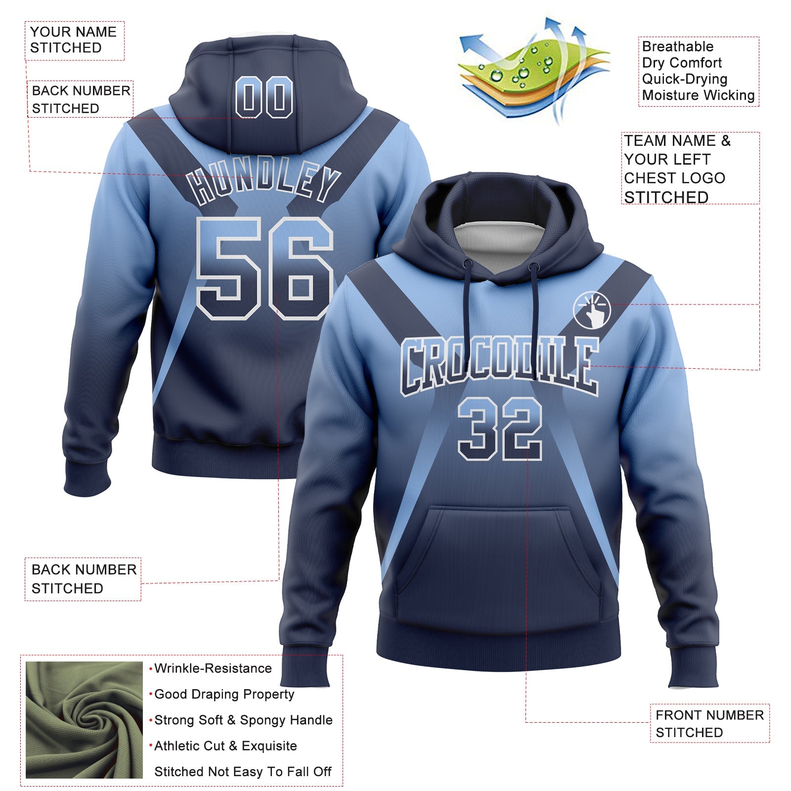 Custom Stitched Light Blue Navy-White Fade Fashion Arrow Sports Pullover Sweatshirt Hoodie view 2