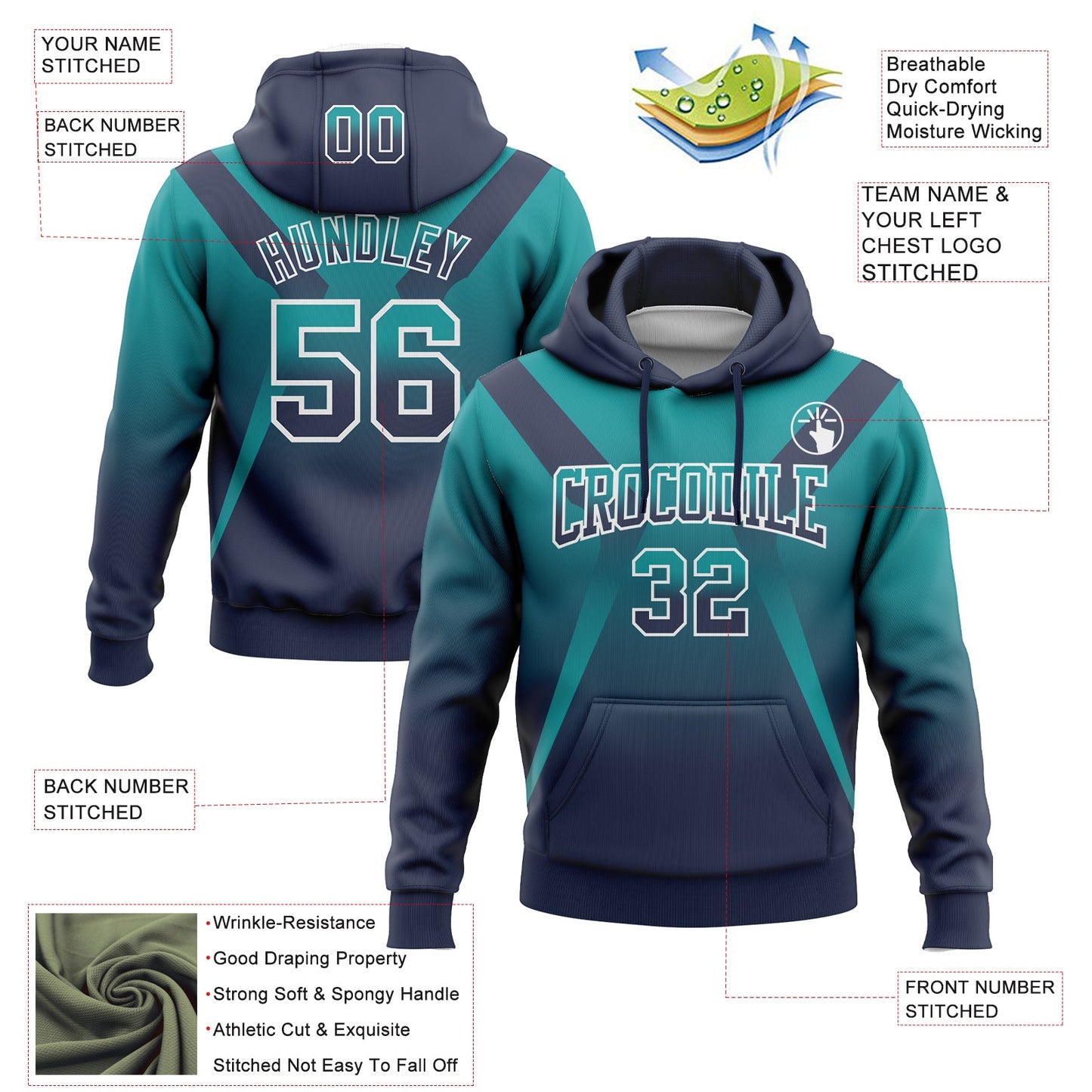 Custom Stitched Teal Navy-White Fade Fashion Arrow Sports Pullover Sweatshirt Hoodie view 2