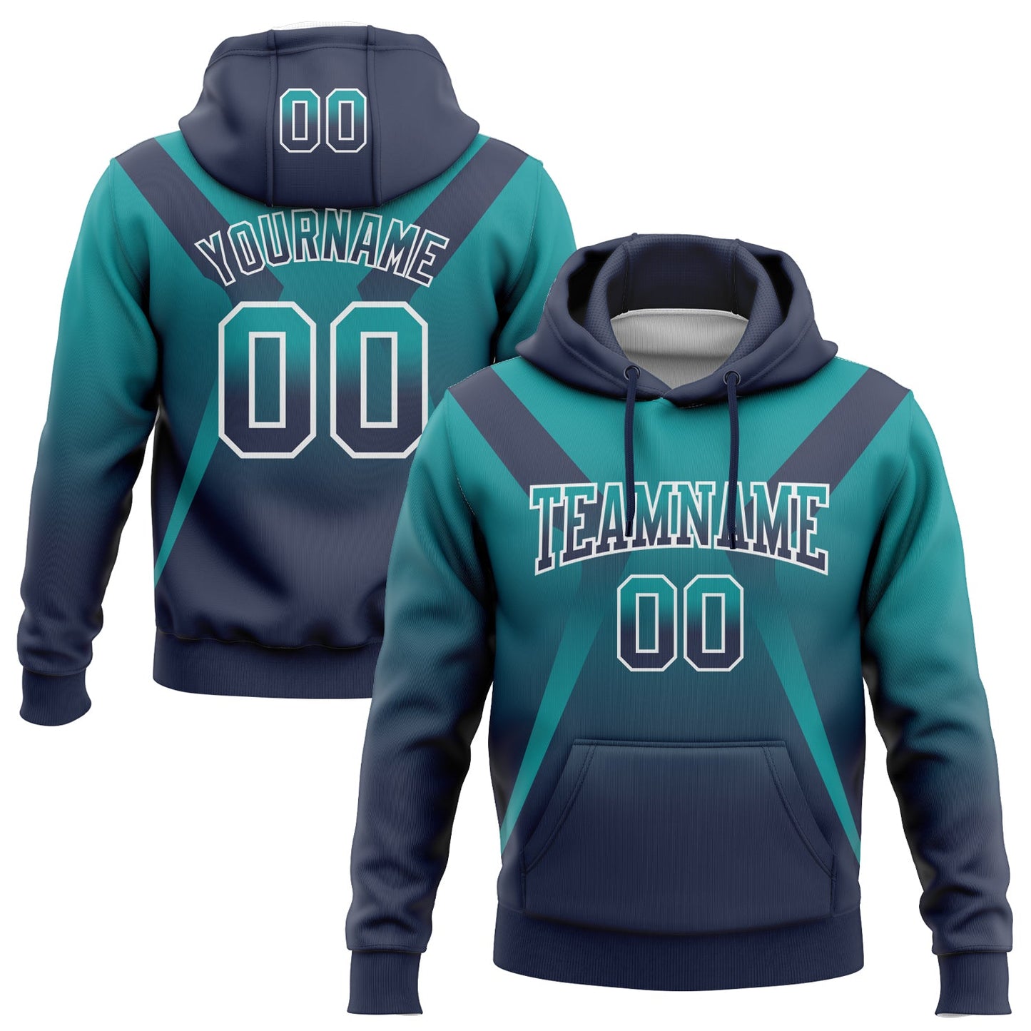 Custom Stitched Teal Navy-White Fade Fashion Arrow Sports Pullover Sweatshirt Hoodie - Main View