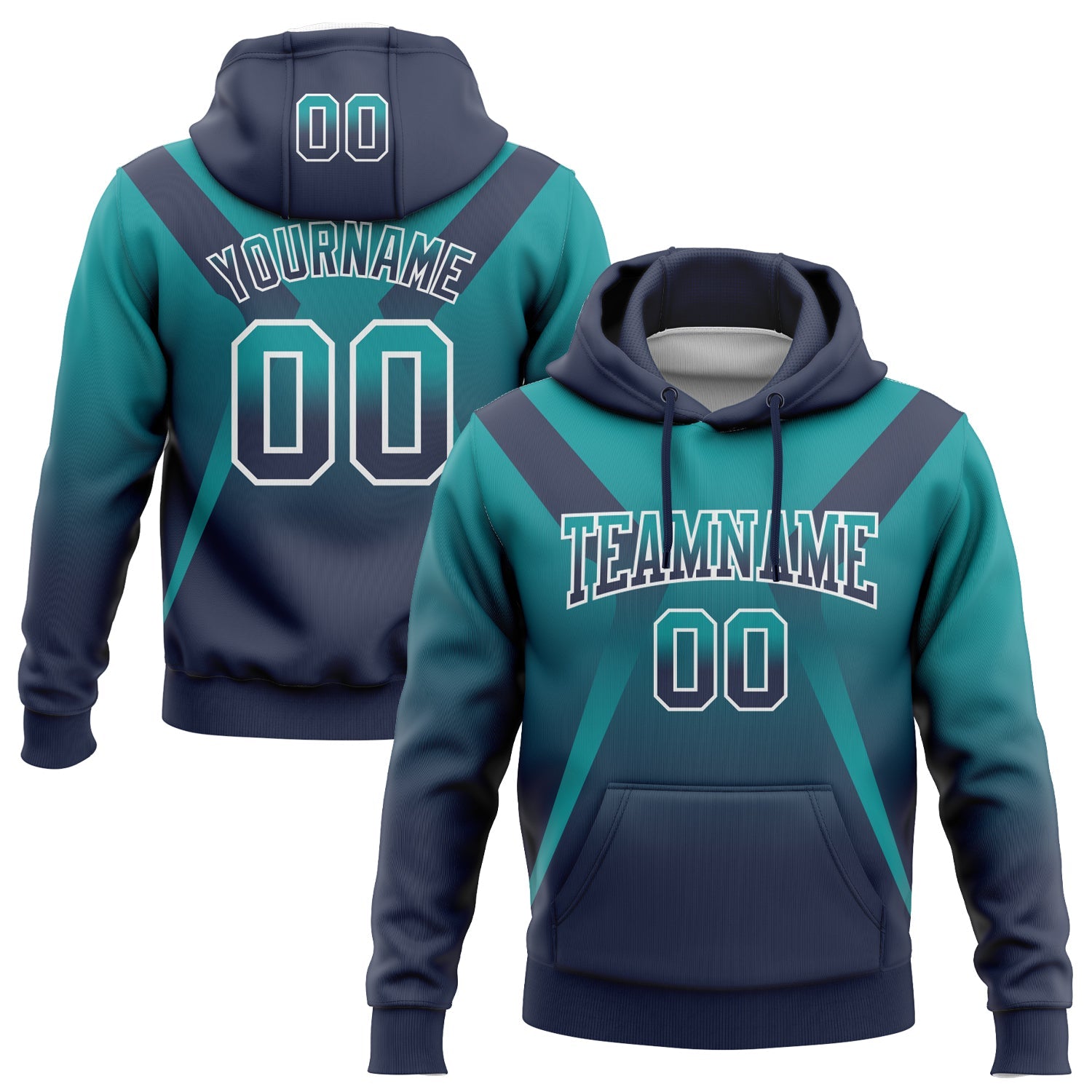Custom Stitched Teal Navy-White Fade Fashion Arrow Sports Pullover Sweatshirt Hoodie - Main View
