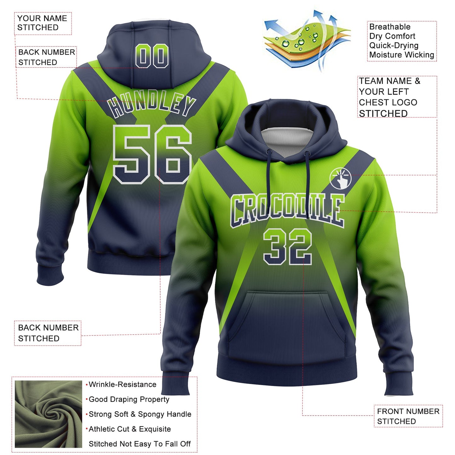 Custom Stitched Neon Green Navy-White Fade Fashion Arrow Sports Pullover Sweatshirt Hoodie view 2