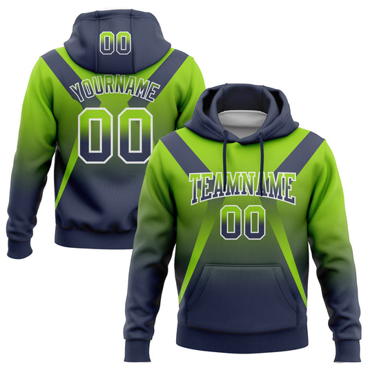 Custom Stitched Neon Green Navy-White Fade Fashion Arrow Sports Pullover Sweatshirt Hoodie - Main View
