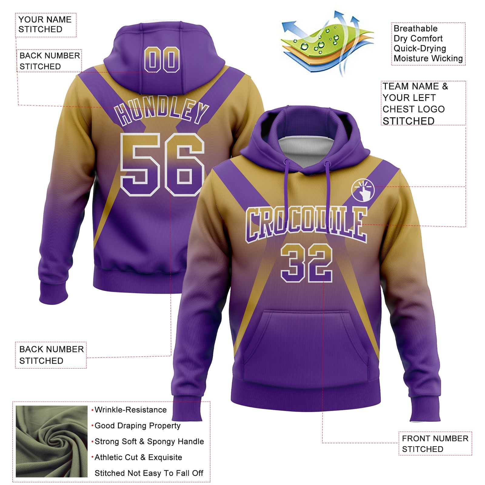 Custom Stitched Old Gold Purple-White Fade Fashion Arrow Sports Pullover Sweatshirt Hoodie view 2