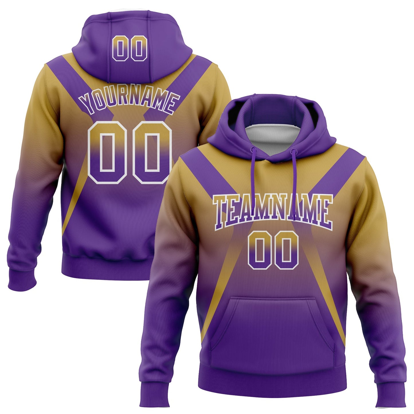Custom Stitched Old Gold Purple-White Fade Fashion Arrow Sports Pullover Sweatshirt Hoodie - Main View
