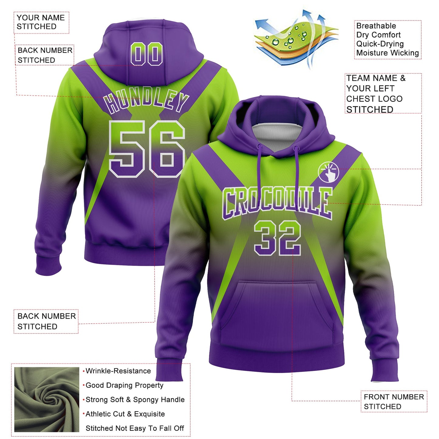 Custom Stitched Neon Green Purple-White Fade Fashion Arrow Sports Pullover Sweatshirt Hoodie view 2