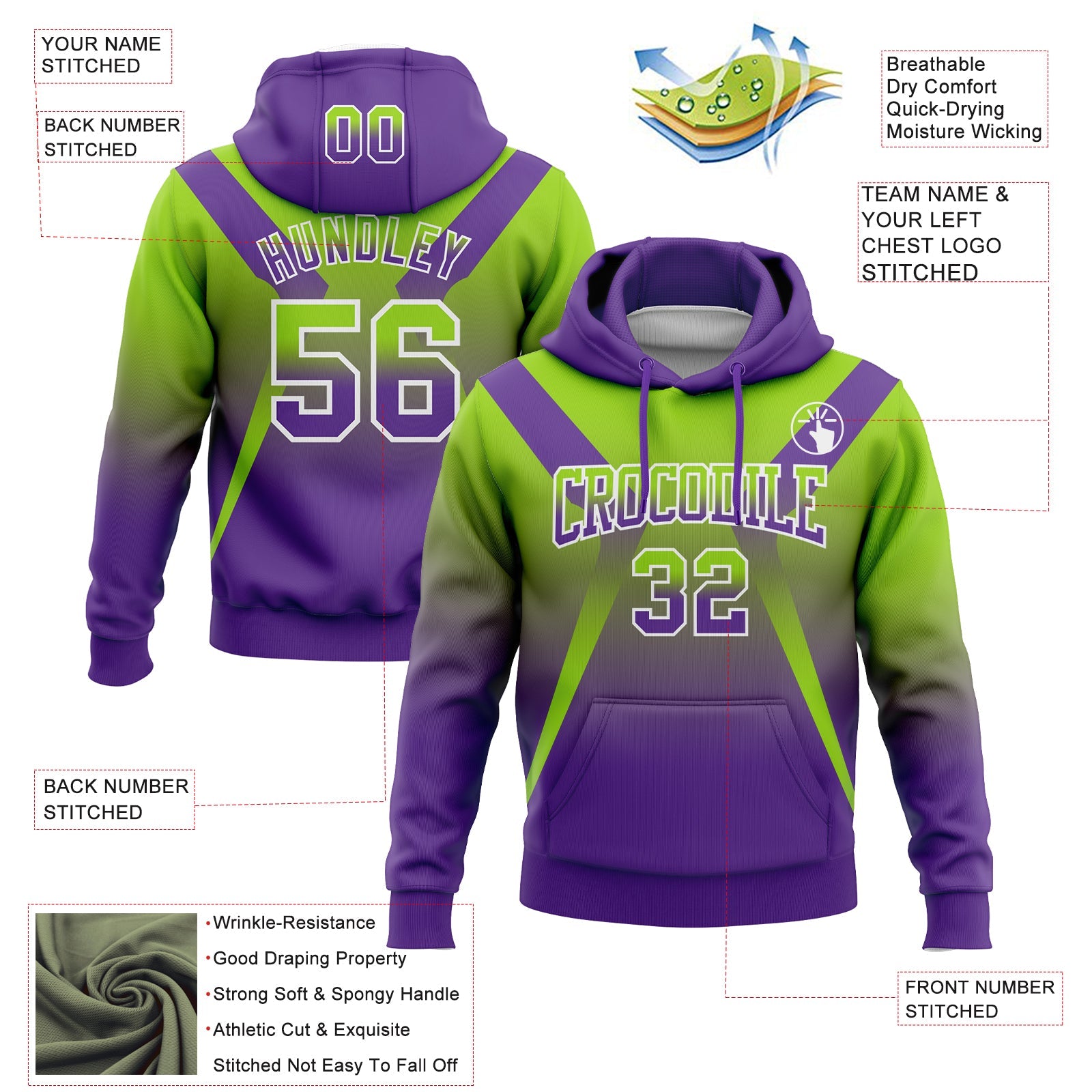 Custom Stitched Neon Green Purple-White Fade Fashion Arrow Sports Pullover Sweatshirt Hoodie view 2