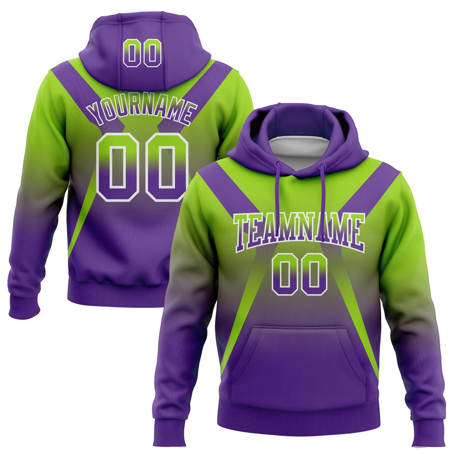 Custom Stitched Neon Green Purple-White Fade Fashion Arrow Sports Pullover Sweatshirt Hoodie - Main View