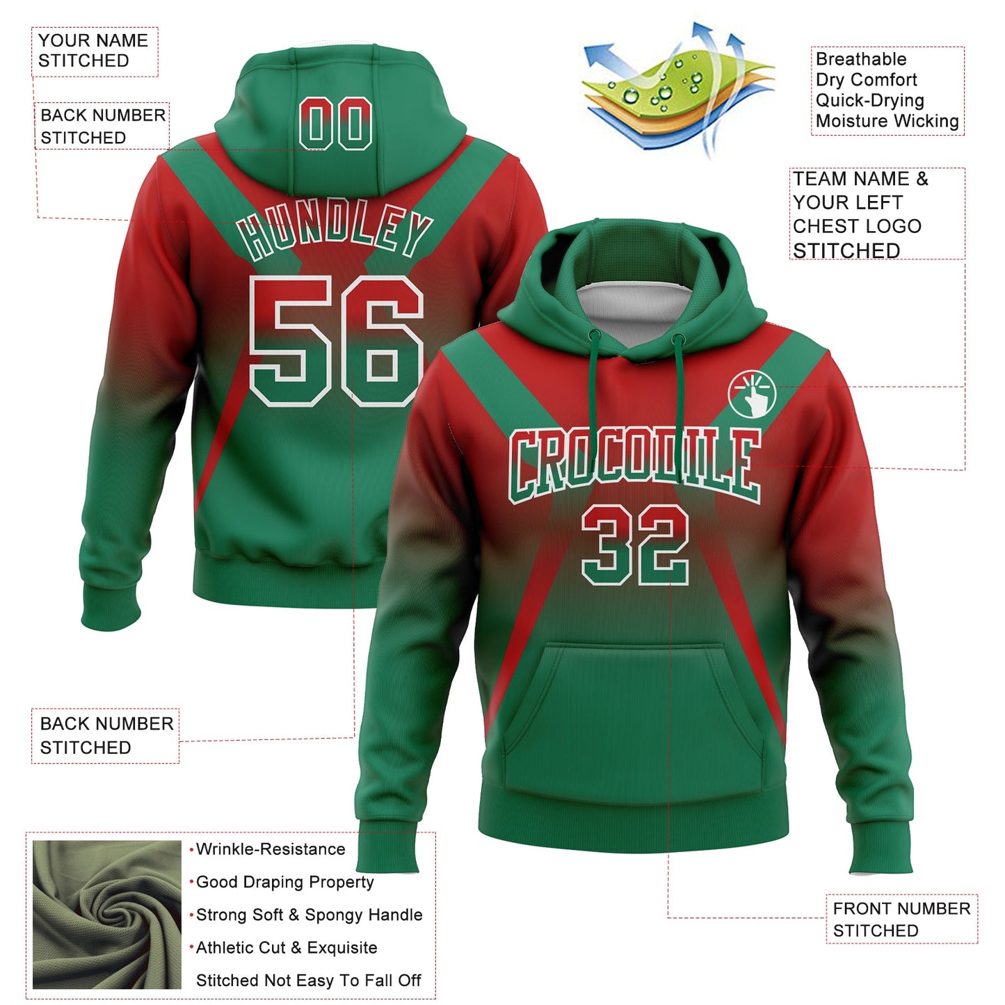 Custom Stitched Red Kelly Green-White Fade Fashion Arrow Sports Pullover Sweatshirt Hoodie view 2