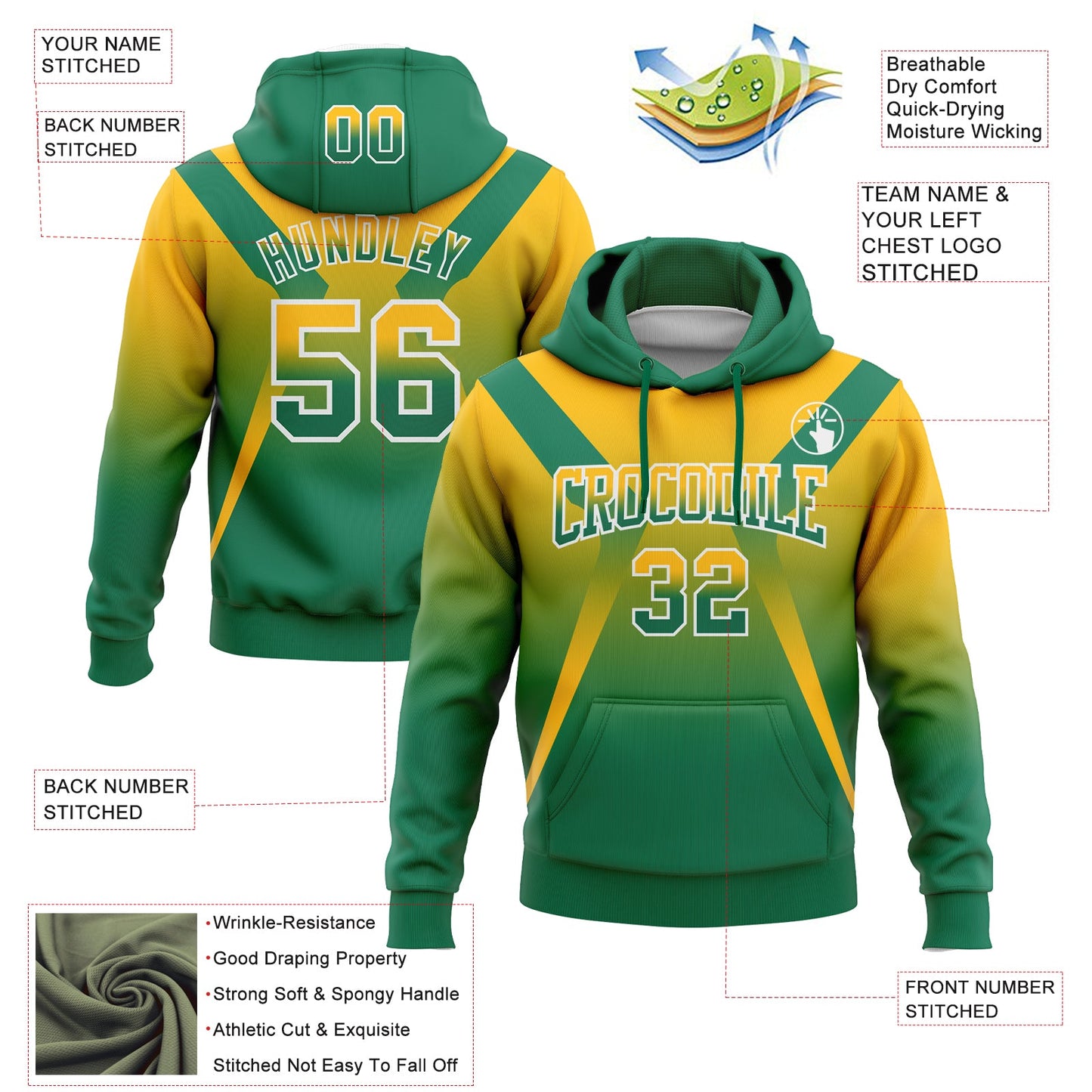 Custom Stitched Gold Kelly Green-White Fade Fashion Arrow Sports Pullover Sweatshirt Hoodie view 2