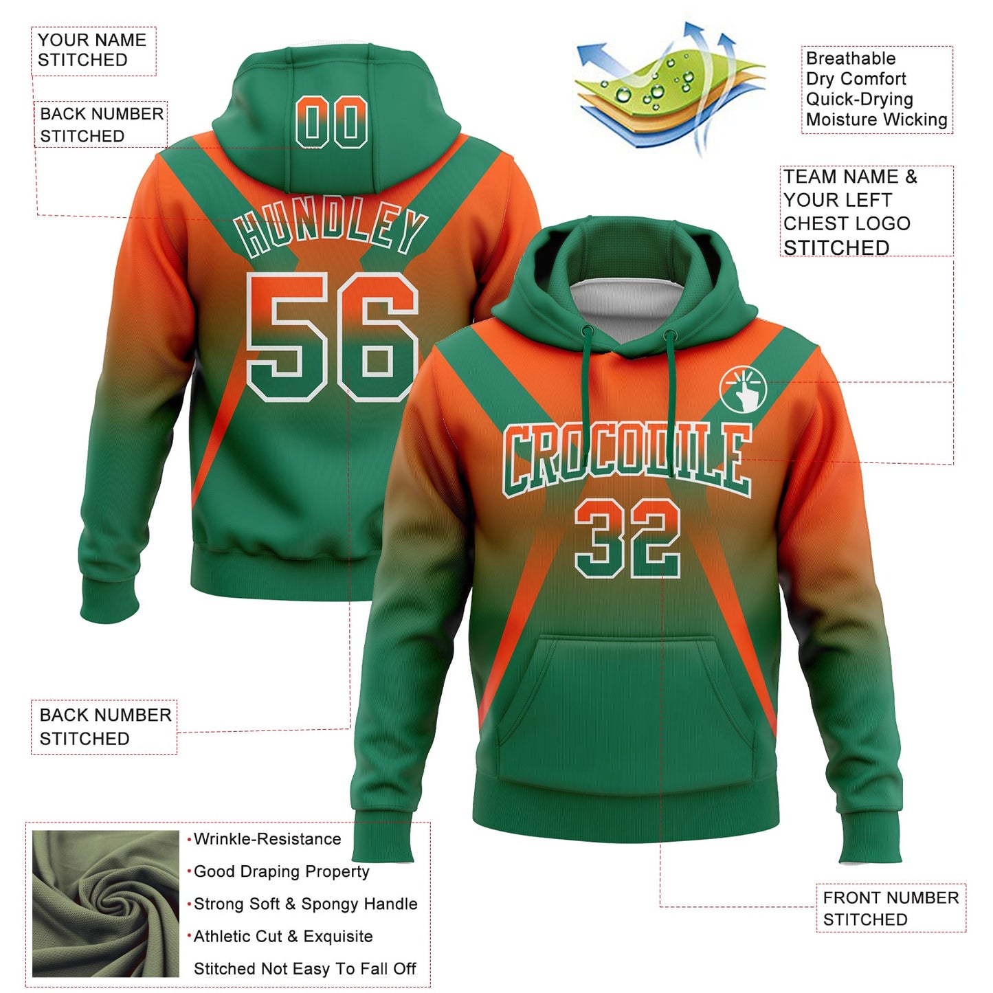 Custom Stitched Orange Kelly Green-White Fade Fashion Arrow Sports Pullover Sweatshirt Hoodie view 2