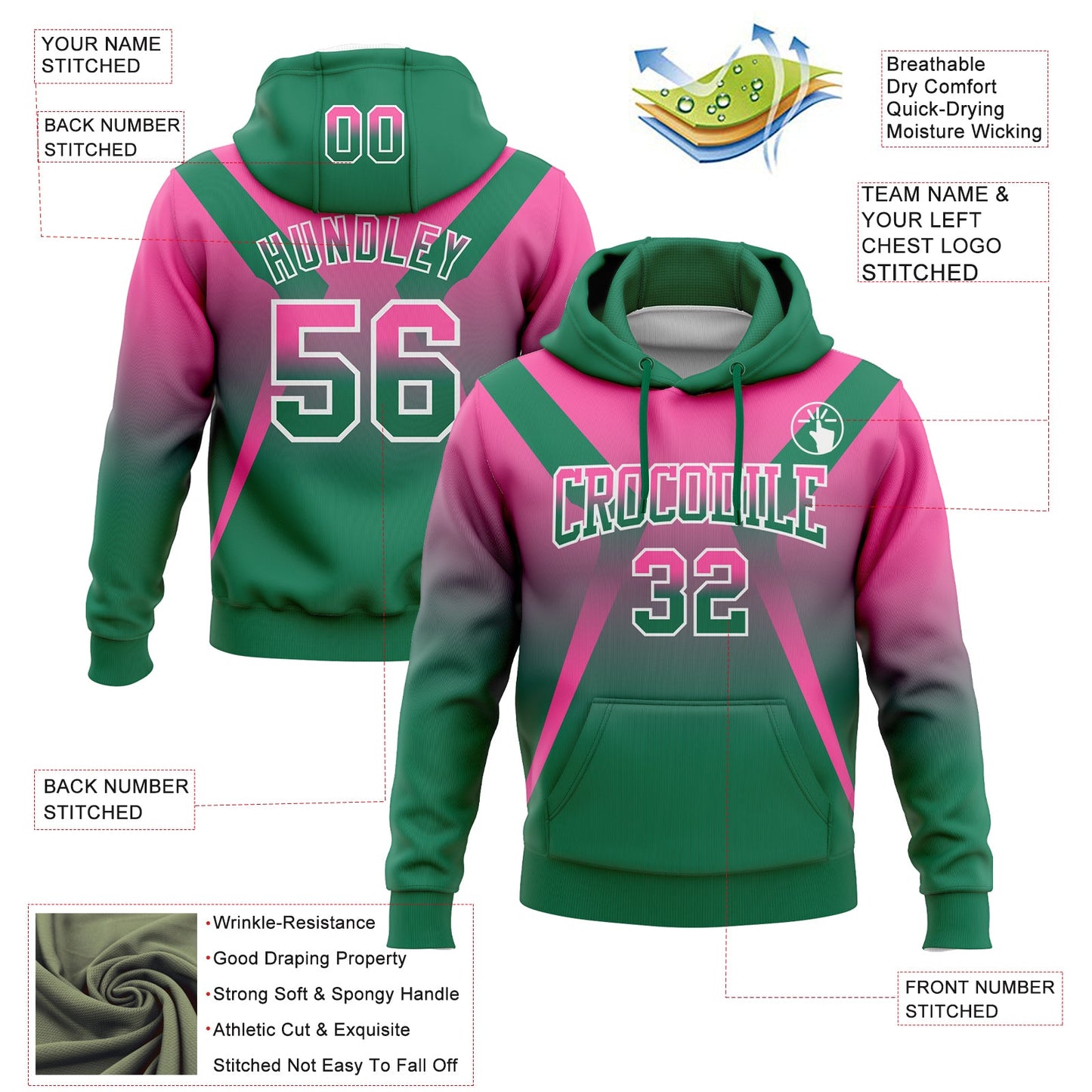 Custom Stitched Pink Kelly Green-White Fade Fashion Arrow Sports Pullover Sweatshirt Hoodie view 2