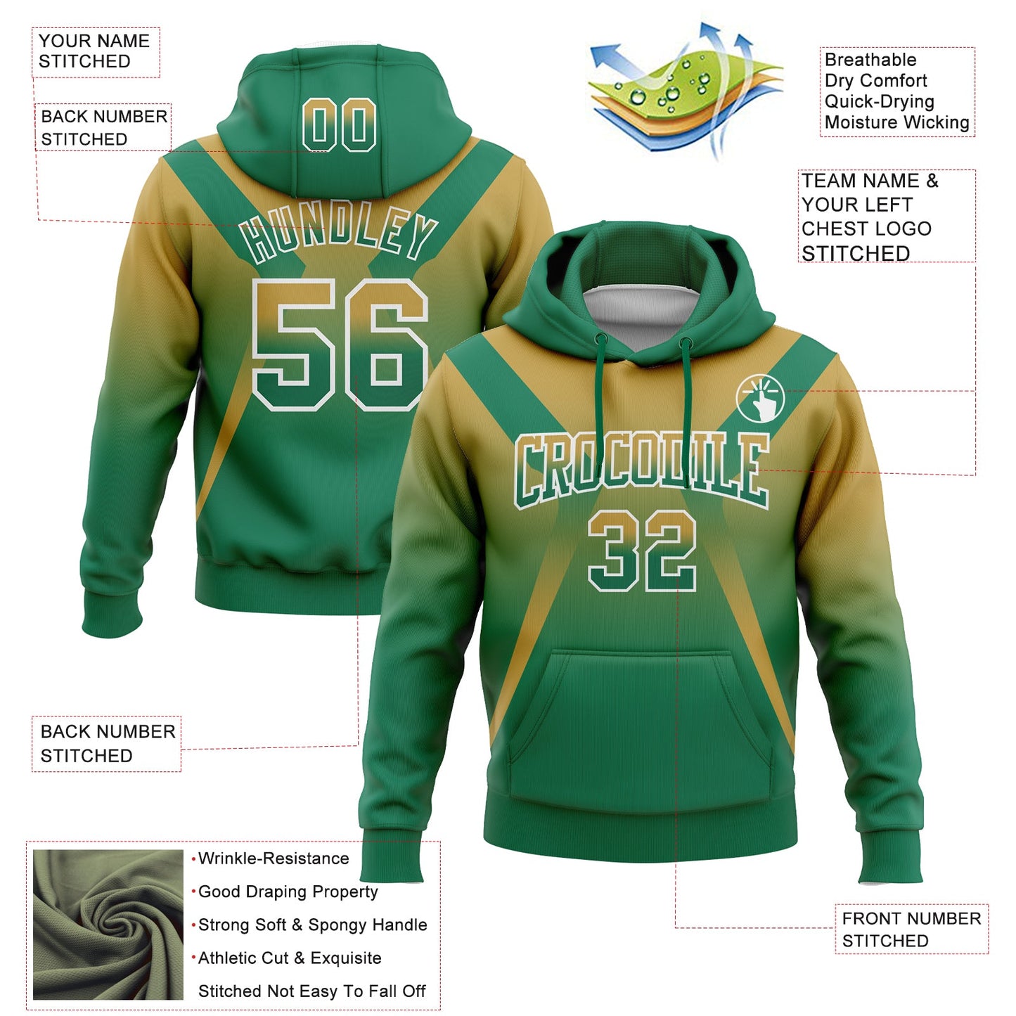 Custom Stitched Old Gold Kelly Green-White Fade Fashion Arrow Sports Pullover Sweatshirt Hoodie view 2