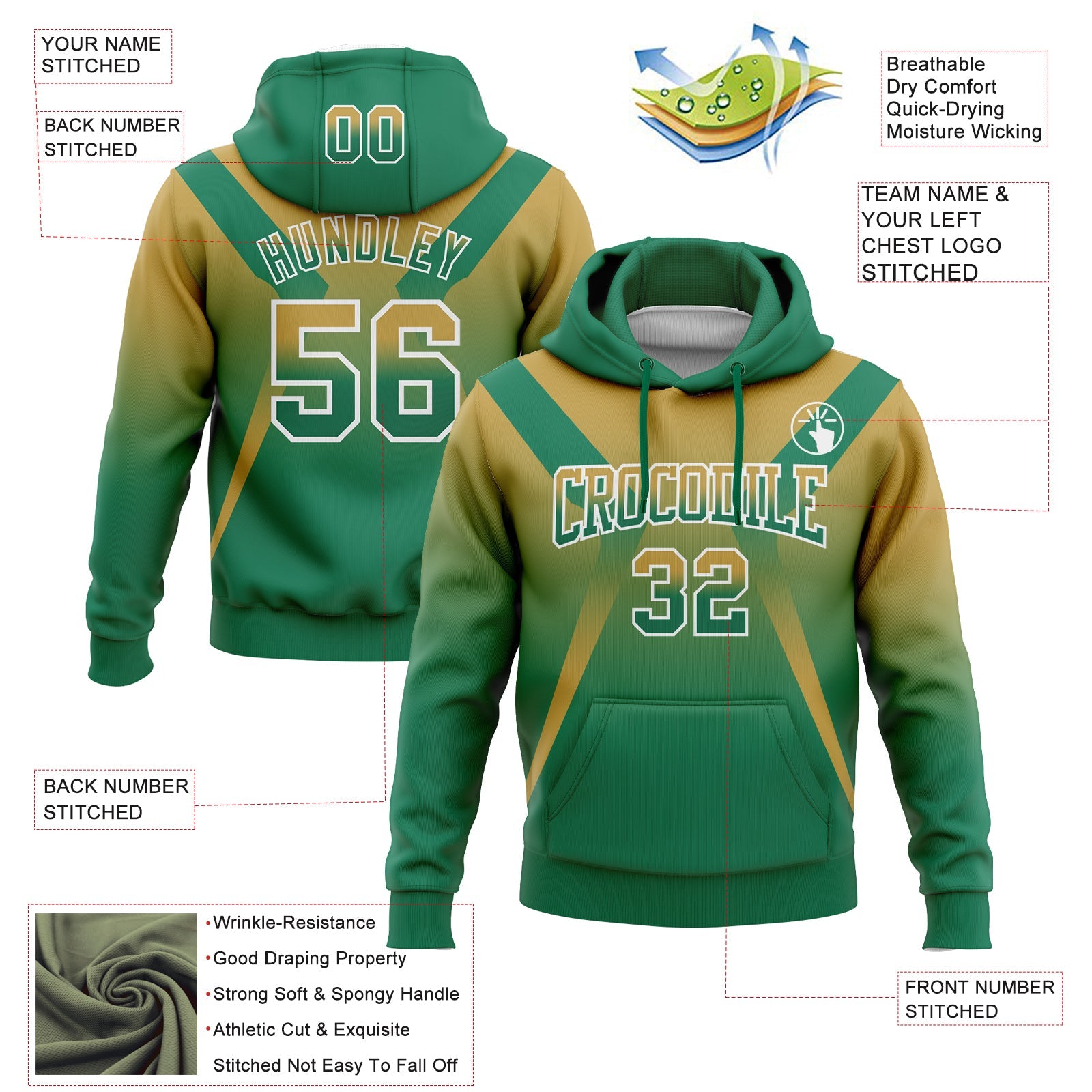 Custom Stitched Old Gold Kelly Green-White Fade Fashion Arrow Sports Pullover Sweatshirt Hoodie view 2