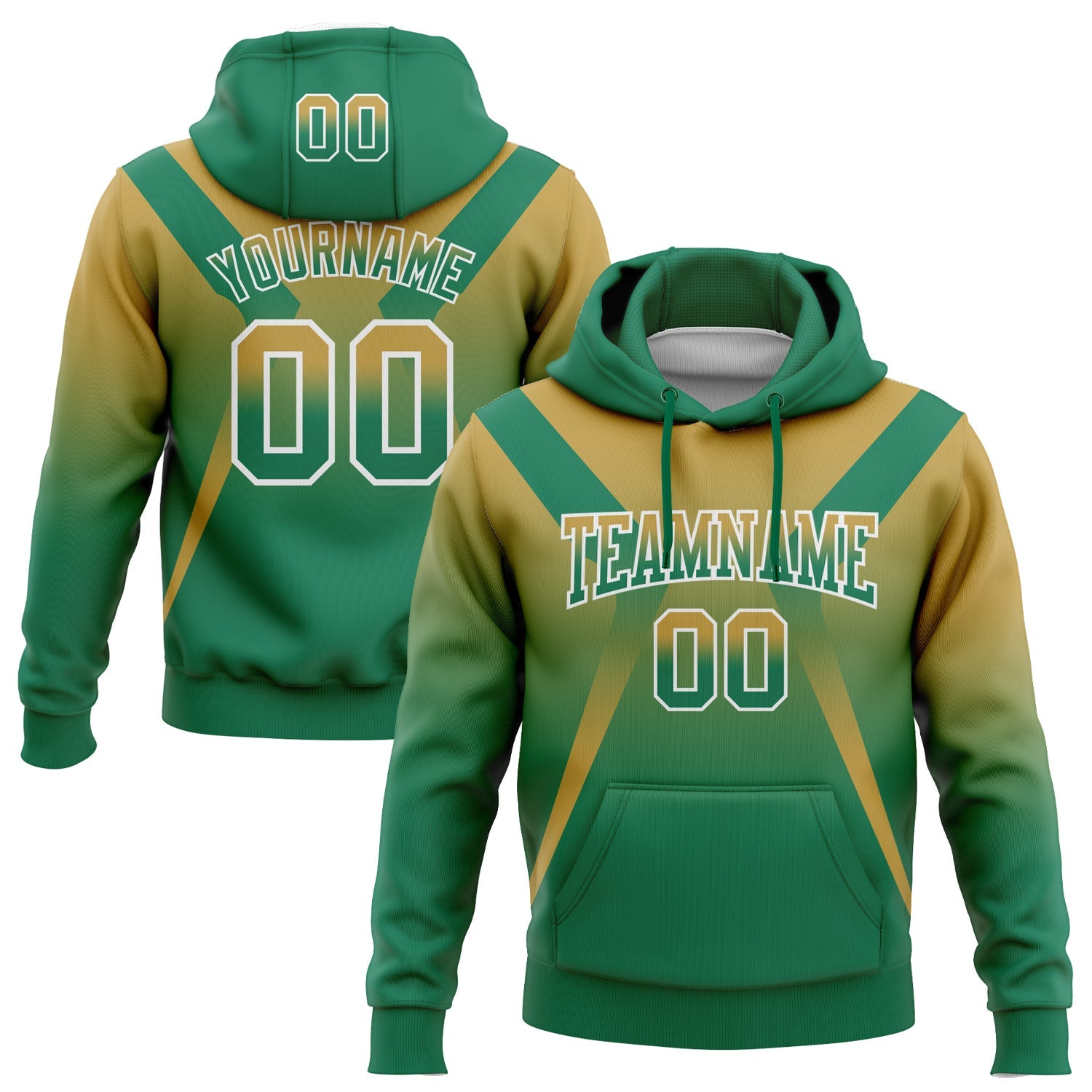 Custom Stitched Old Gold Kelly Green-White Fade Fashion Arrow Sports Pullover Sweatshirt Hoodie - Main View