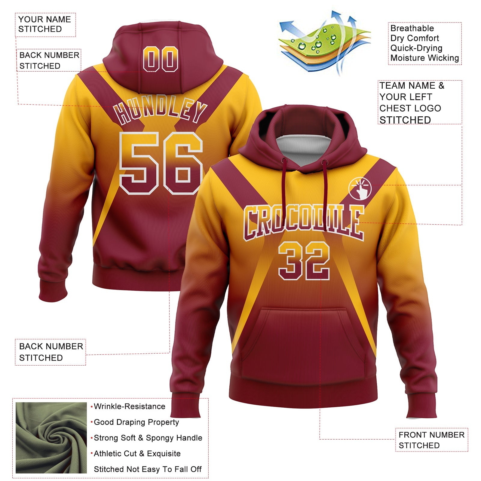 Custom Stitched Gold Crimson-White Fade Fashion Arrow Sports Pullover Sweatshirt Hoodie view 2