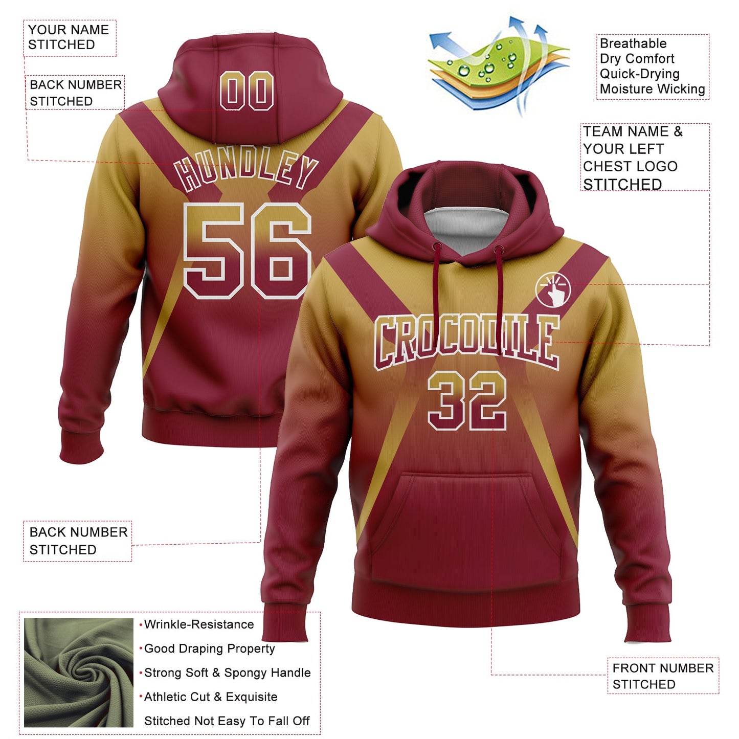 Custom Stitched Old Gold Crimson-White Fade Fashion Arrow Sports Pullover Sweatshirt Hoodie view 2