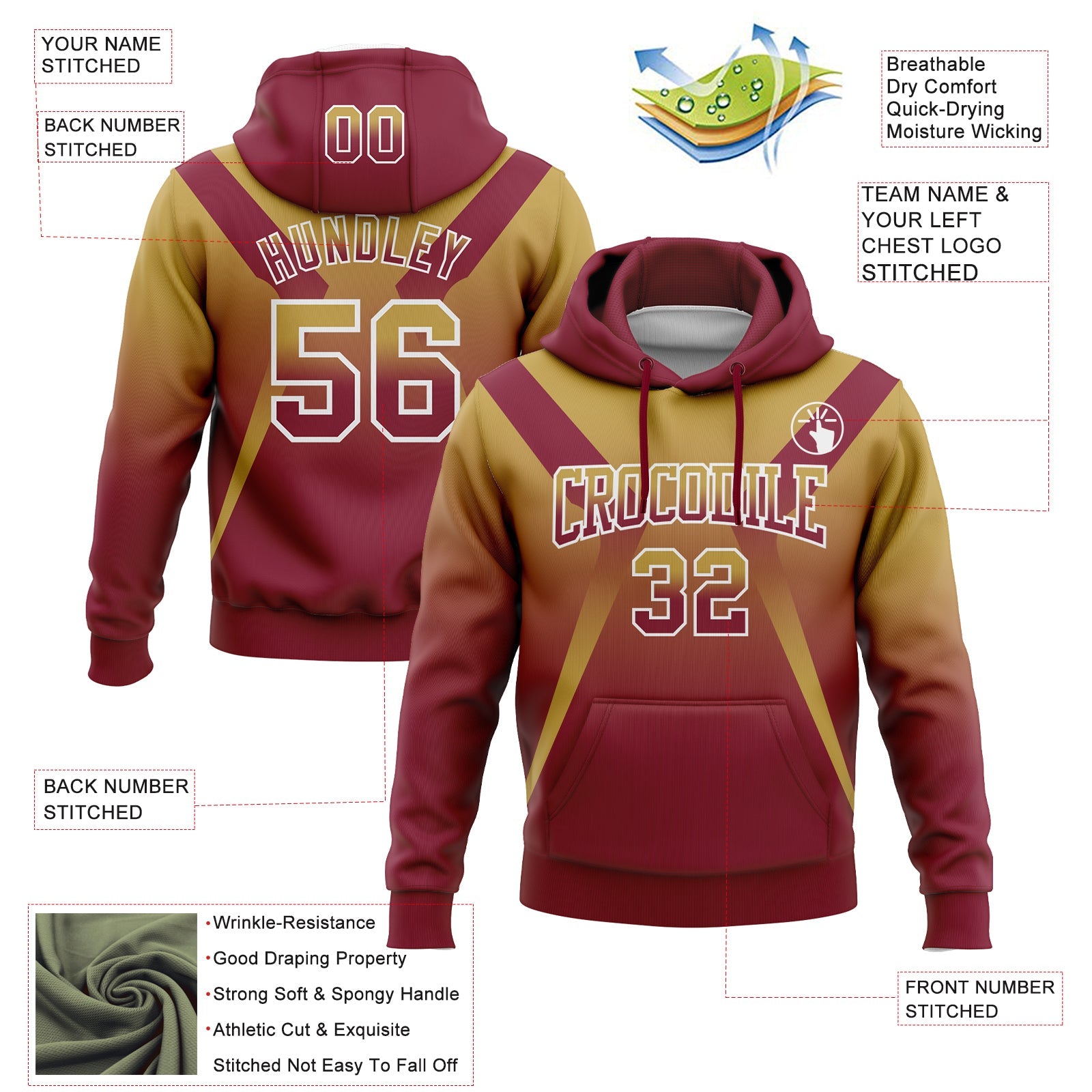Custom Stitched Old Gold Crimson-White Fade Fashion Arrow Sports Pullover Sweatshirt Hoodie view 2