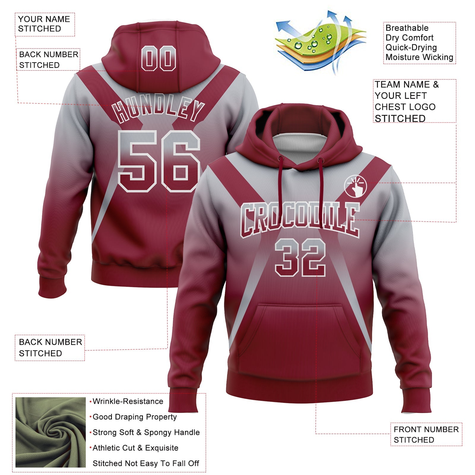 Custom Stitched Gray Crimson-White Fade Fashion Arrow Sports Pullover Sweatshirt Hoodie view 2
