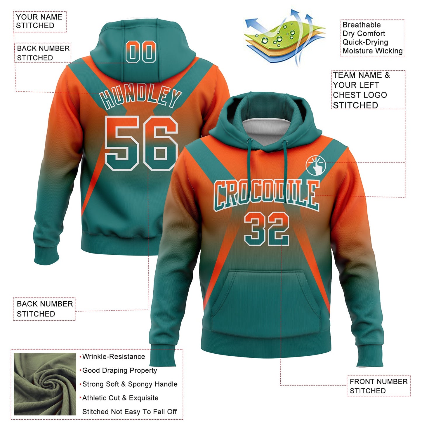 Custom Stitched Orange Teal-White Fade Fashion Arrow Sports Pullover Sweatshirt Hoodie view 2