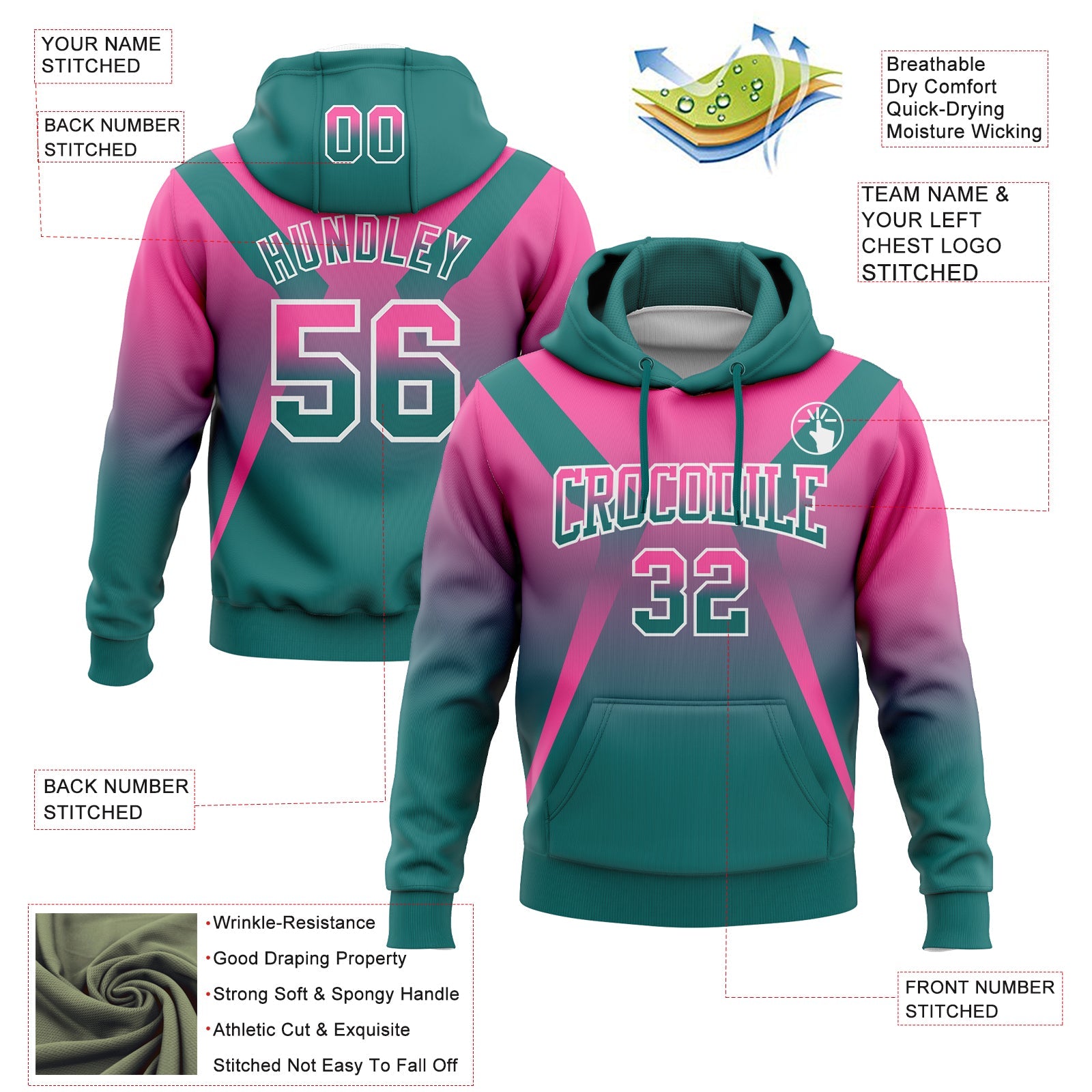 Custom Stitched Pink Teal-White Fade Fashion Arrow Sports Pullover Sweatshirt Hoodie view 2