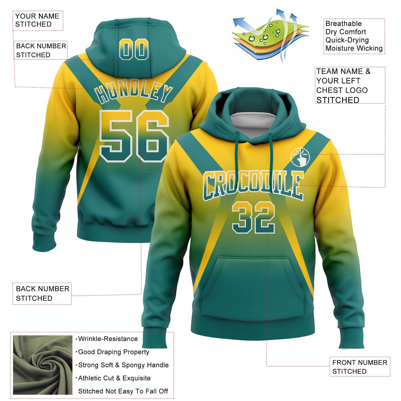 Custom Stitched Yellow Teal-White Fade Fashion Arrow Sports Pullover Sweatshirt Hoodie view 2