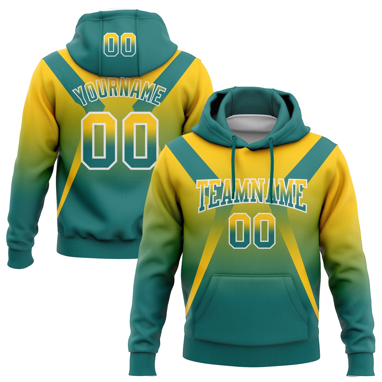 Custom Stitched Yellow Teal-White Fade Fashion Arrow Sports Pullover Sweatshirt Hoodie - Main View