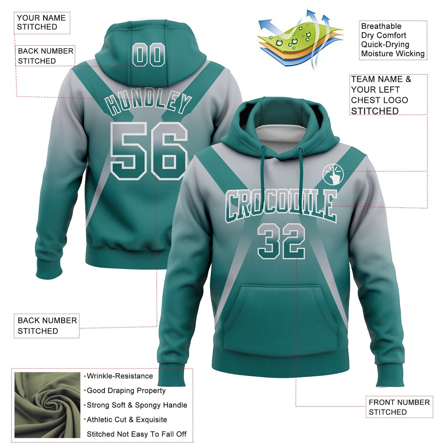 Custom Stitched Gray Teal-White Fade Fashion Arrow Sports Pullover Sweatshirt Hoodie view 2
