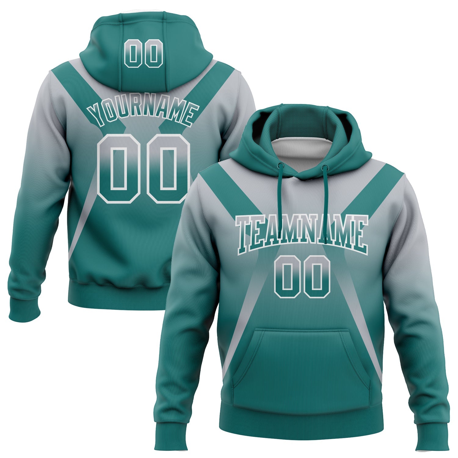 Custom Stitched Gray Teal-White Fade Fashion Arrow Sports Pullover Sweatshirt Hoodie - Main View