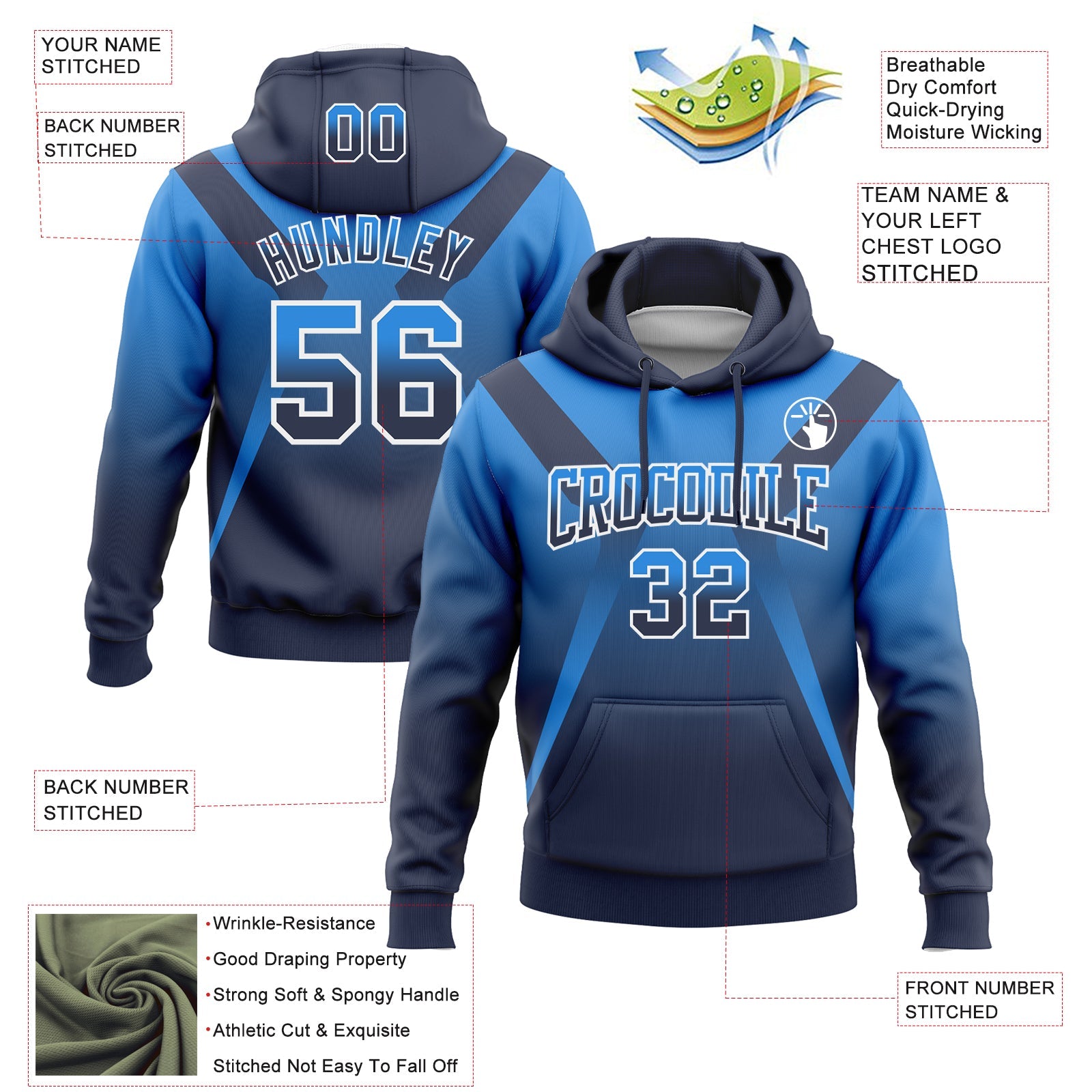 Custom Stitched Powder Blue Navy-White Fade Fashion Arrow Sports Pullover Sweatshirt Hoodie view 2