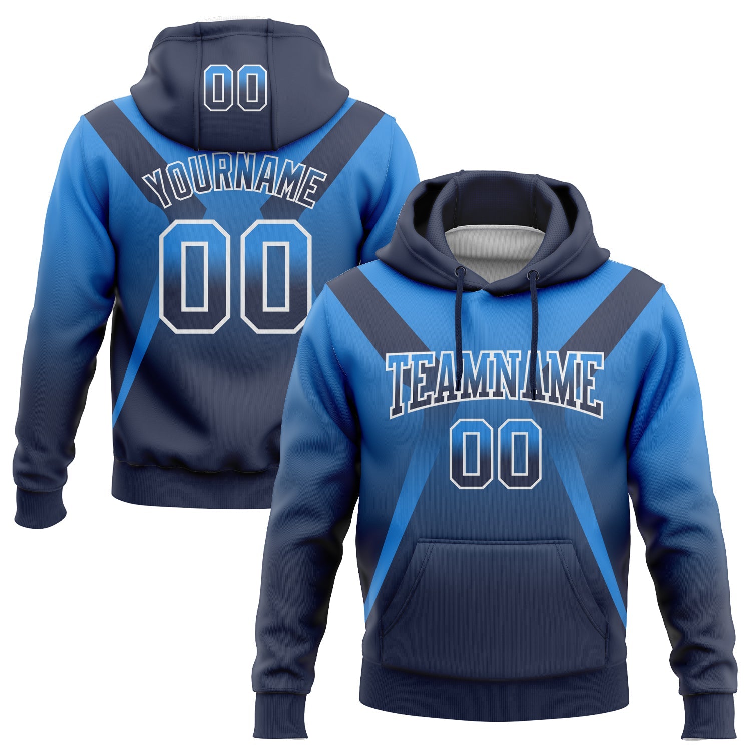 Custom Stitched Powder Blue Navy-White Fade Fashion Arrow Sports Pullover Sweatshirt Hoodie - Main View