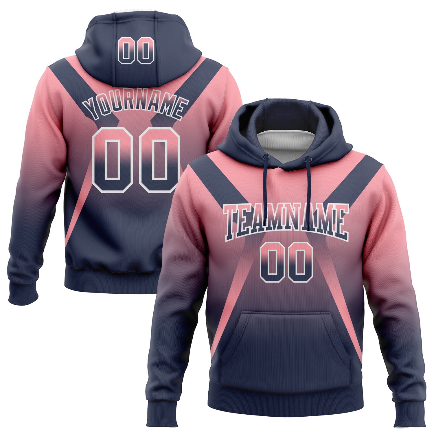 Custom Stitched Medium Pink Navy-White Fade Fashion Arrow Sports Pullover Sweatshirt Hoodie - Main View