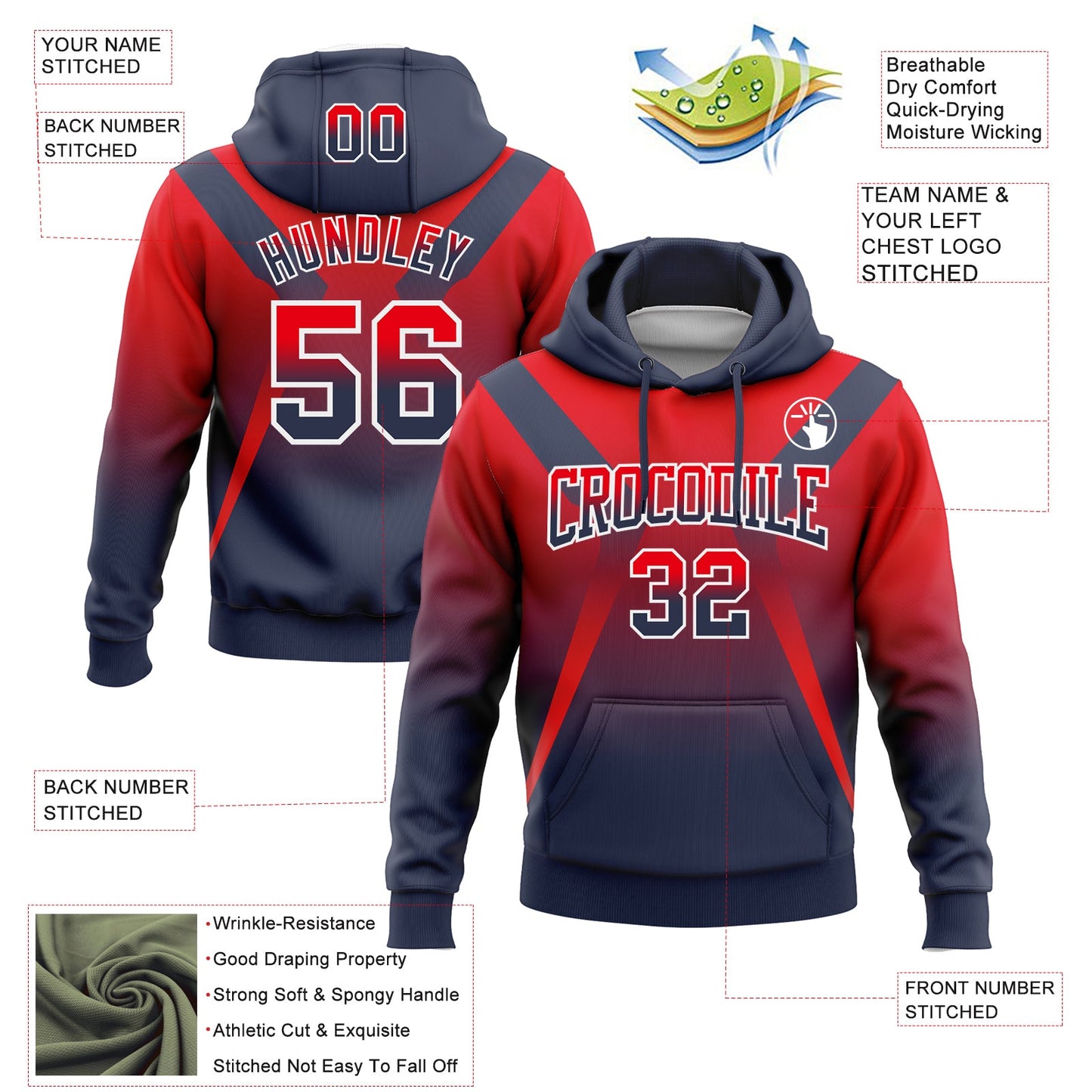 Custom Stitched Fire Red Navy-White Fade Fashion Arrow Sports Pullover Sweatshirt Hoodie view 2
