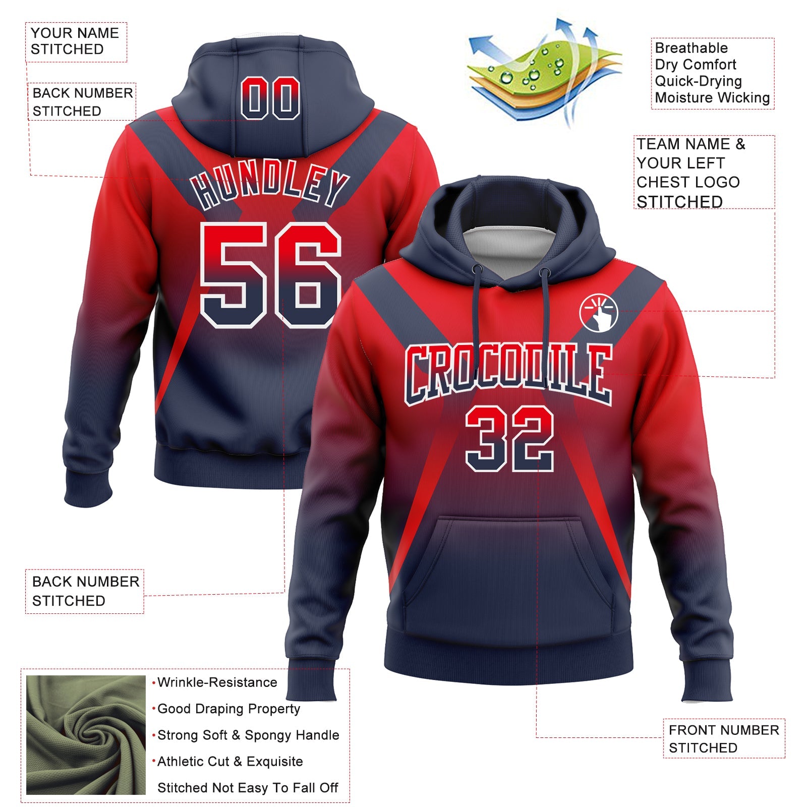Custom Stitched Fire Red Navy-White Fade Fashion Arrow Sports Pullover Sweatshirt Hoodie view 2
