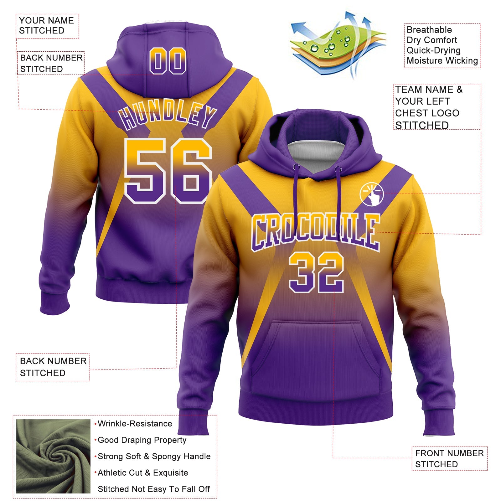 Custom Stitched Gold Purple-White Fade Fashion Arrow Sports Pullover Sweatshirt Hoodie view 2