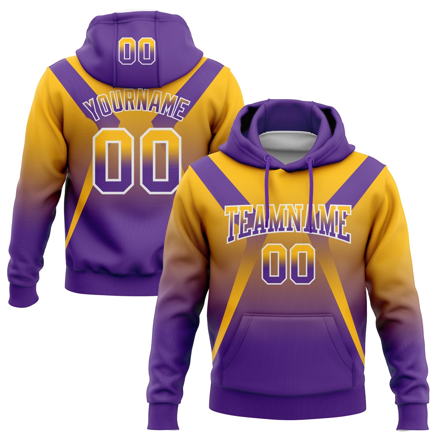 Custom Stitched Gold Purple-White Fade Fashion Arrow Sports Pullover Sweatshirt Hoodie - Main View