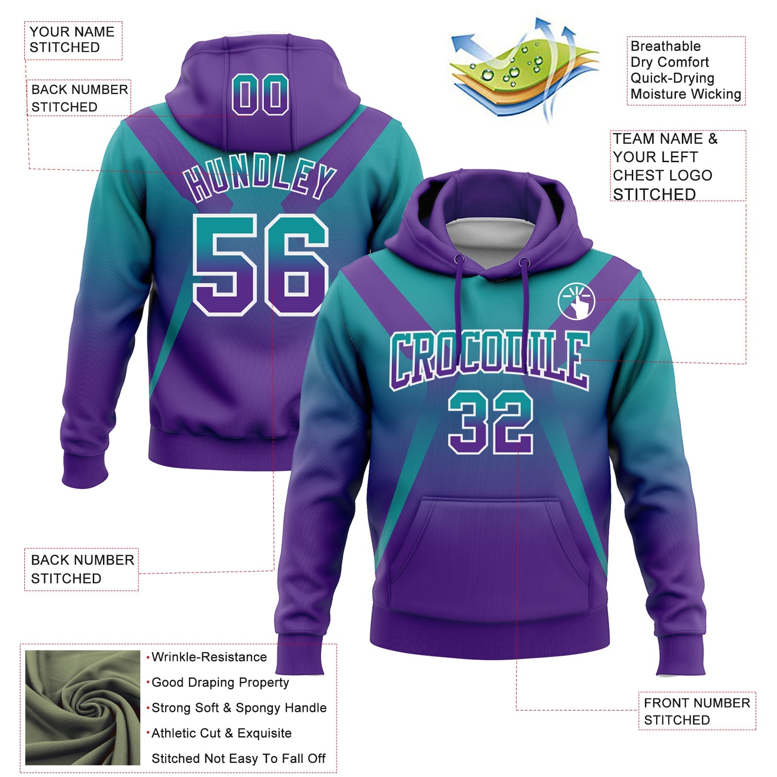 Custom Stitched Teal Purple-White Fade Fashion Arrow Sports Pullover Sweatshirt Hoodie view 2