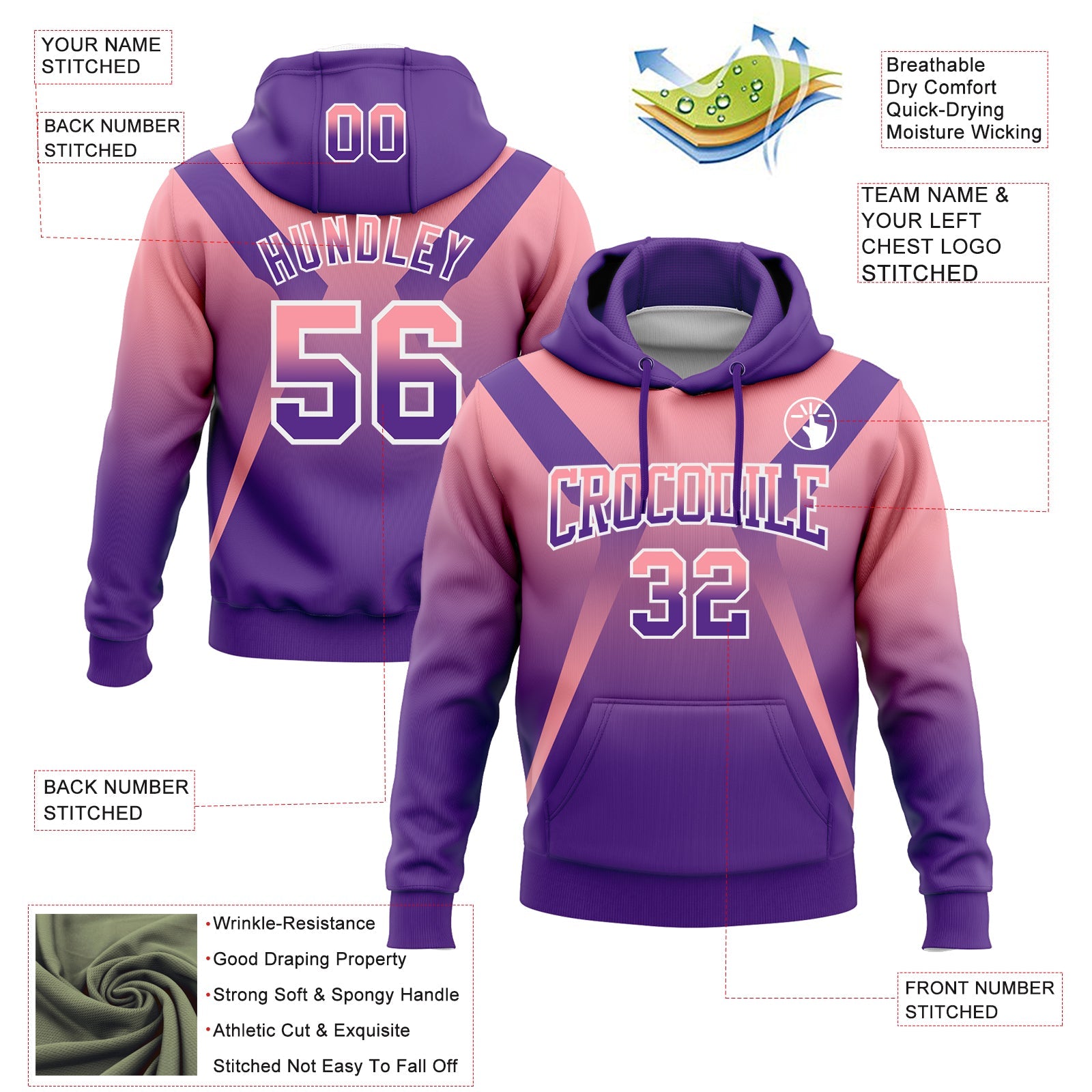 Custom Stitched Medium Pink Purple-White Fade Fashion Arrow Sports Pullover Sweatshirt Hoodie view 2