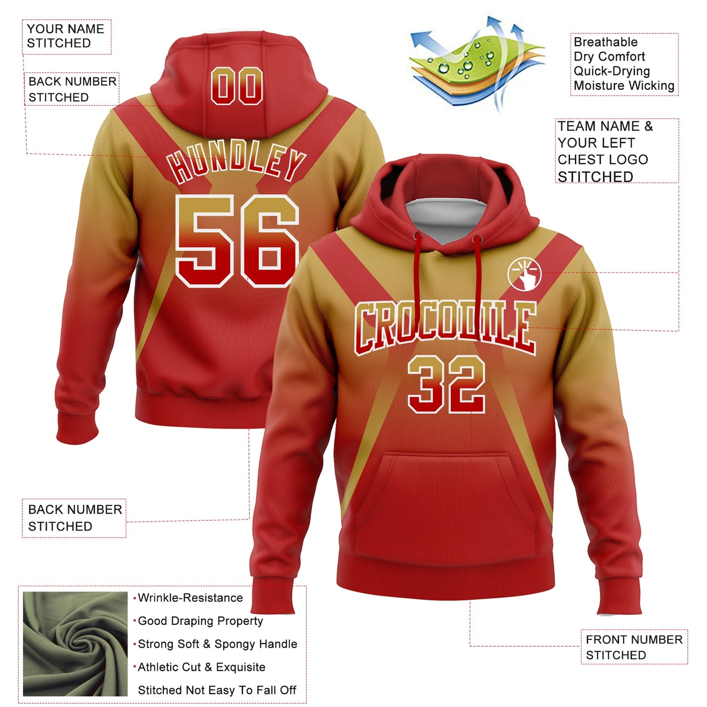 Custom Stitched Old Gold Red-White Fade Fashion Arrow Sports Pullover Sweatshirt Hoodie view 2
