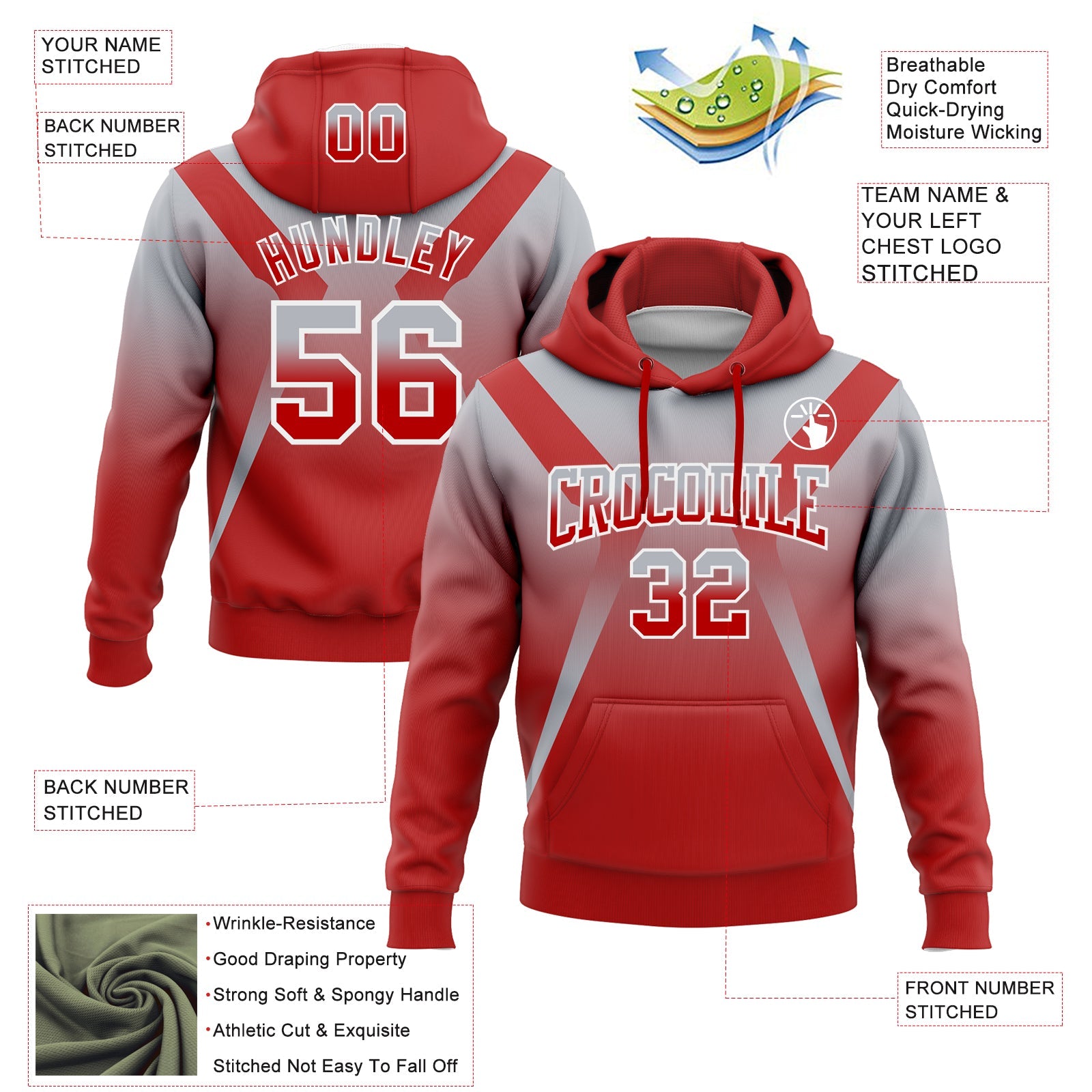 Custom Stitched Gray Red-White Fade Fashion Arrow Sports Pullover Sweatshirt Hoodie view 2