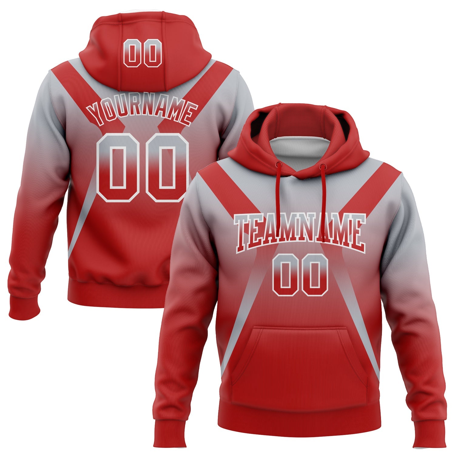 Custom Stitched Gray Red-White Fade Fashion Arrow Sports Pullover Sweatshirt Hoodie - Main View
