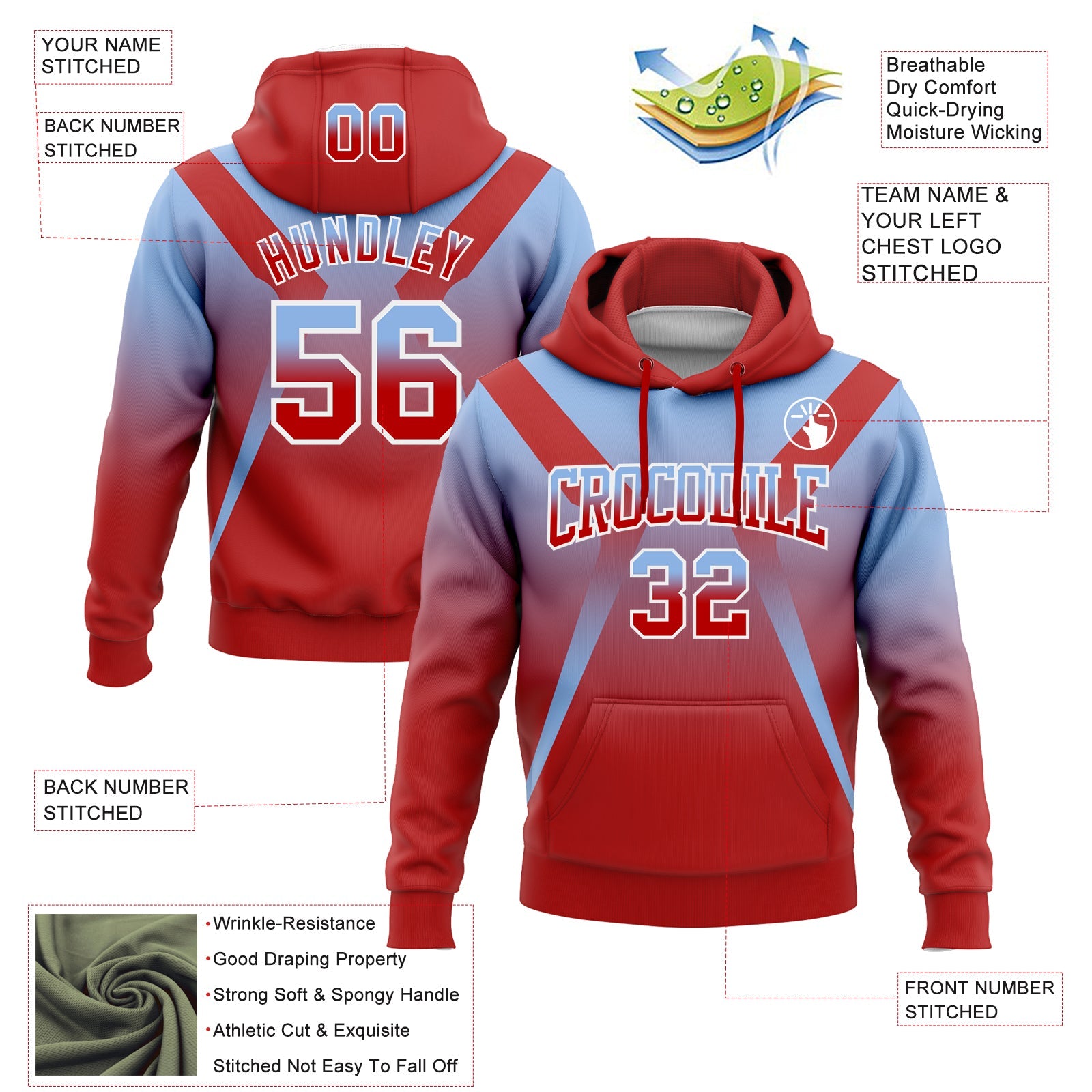 Custom Stitched Light Blue Red-White Fade Fashion Arrow Sports Pullover Sweatshirt Hoodie view 2