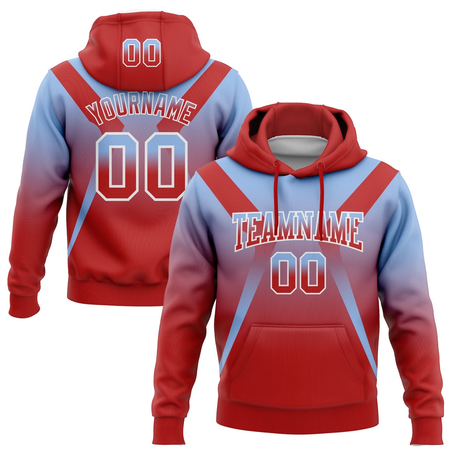 Custom Stitched Light Blue Red-White Fade Fashion Arrow Sports Pullover Sweatshirt Hoodie - Main View