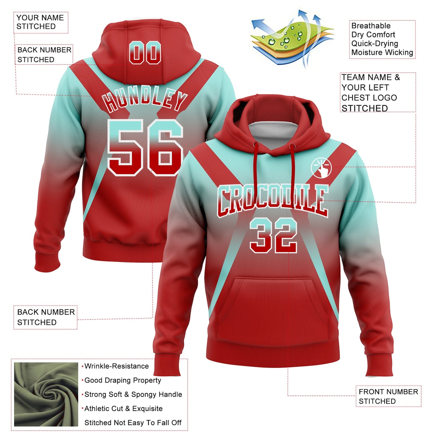 Custom Stitched Ice Blue Red-White Fade Fashion Arrow Sports Pullover Sweatshirt Hoodie view 2