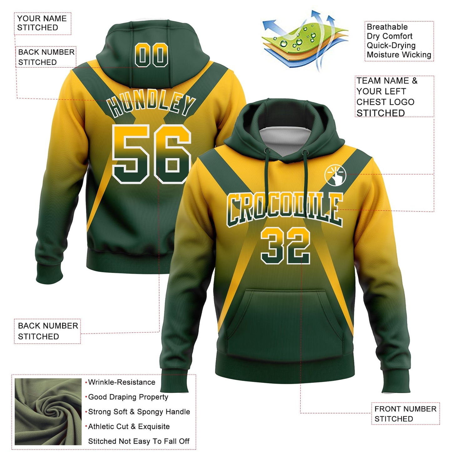 Custom Stitched Gold Green-White Fade Fashion Arrow Sports Pullover Sweatshirt Hoodie view 2