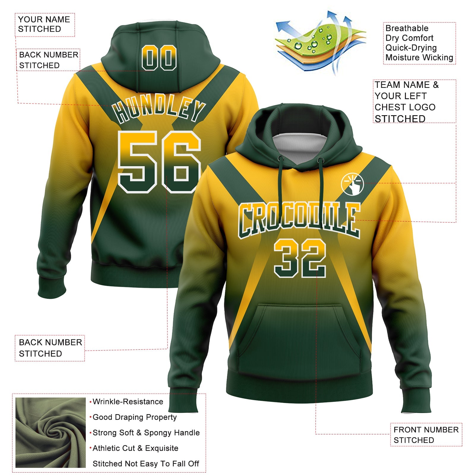 Custom Stitched Gold Green-White Fade Fashion Arrow Sports Pullover Sweatshirt Hoodie view 2