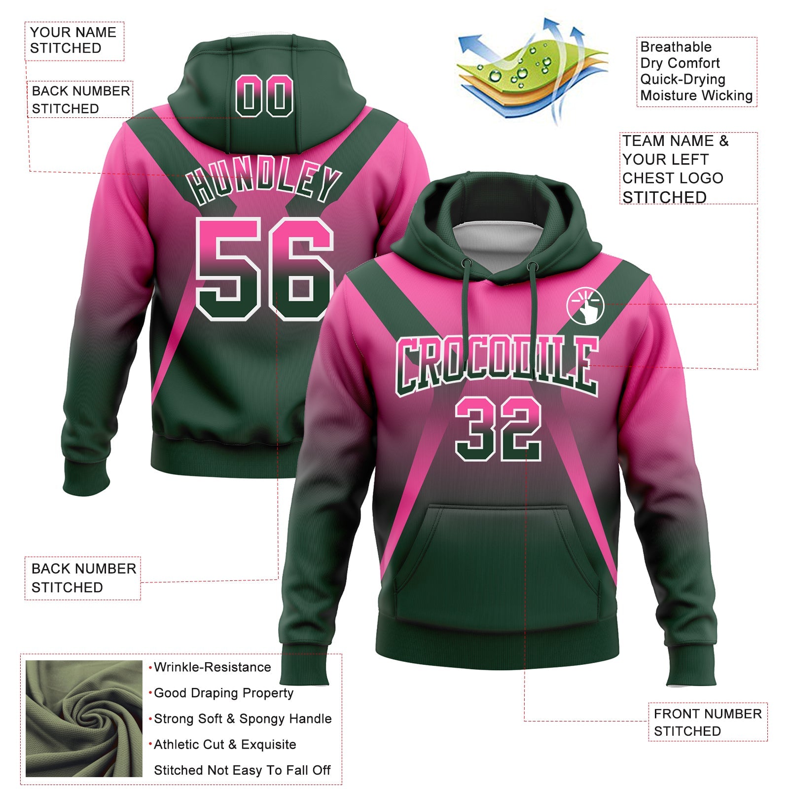 Custom Stitched Pink Green-White Fade Fashion Arrow Sports Pullover Sweatshirt Hoodie view 2