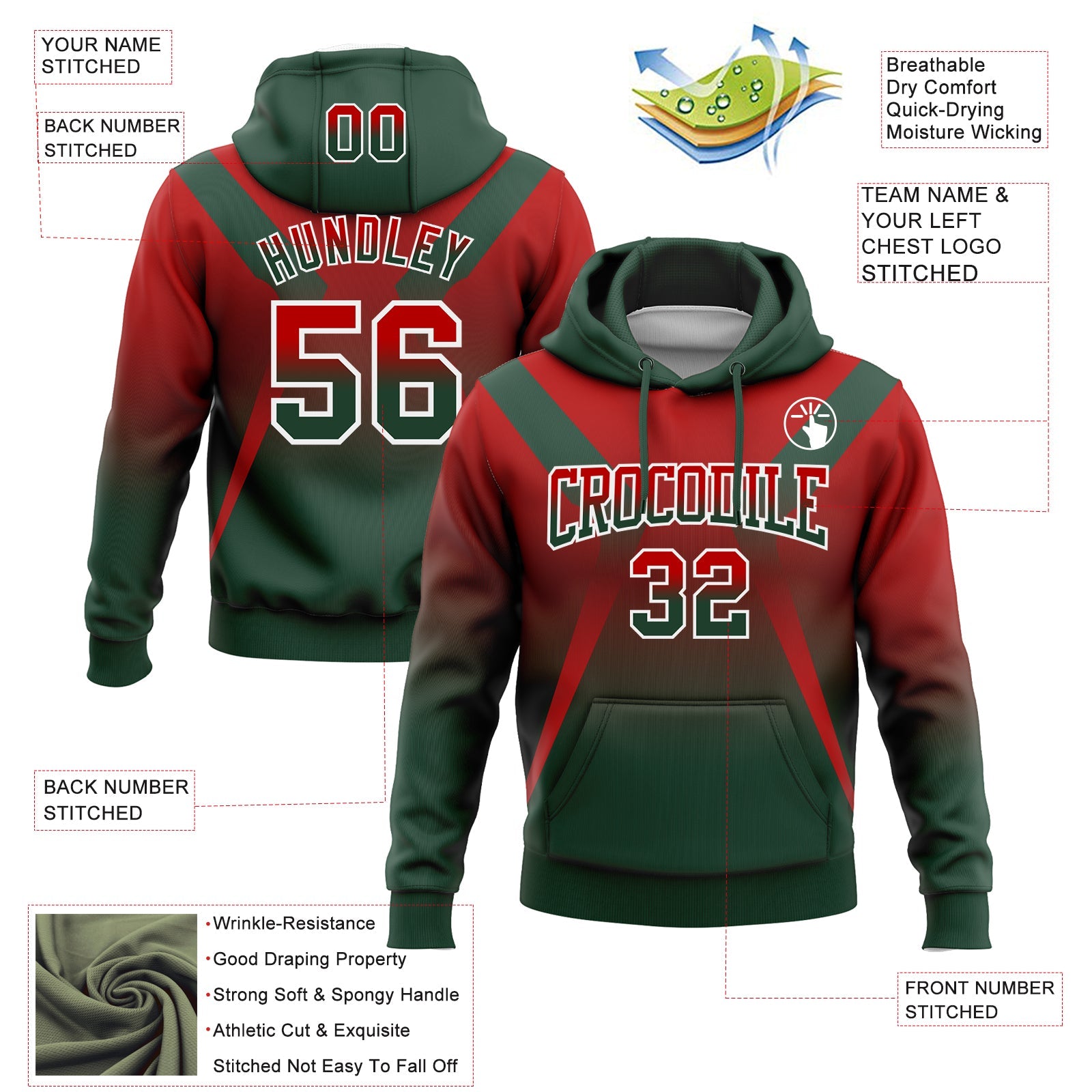Custom Stitched Red Green-White Fade Fashion Arrow Sports Pullover Sweatshirt Hoodie view 2